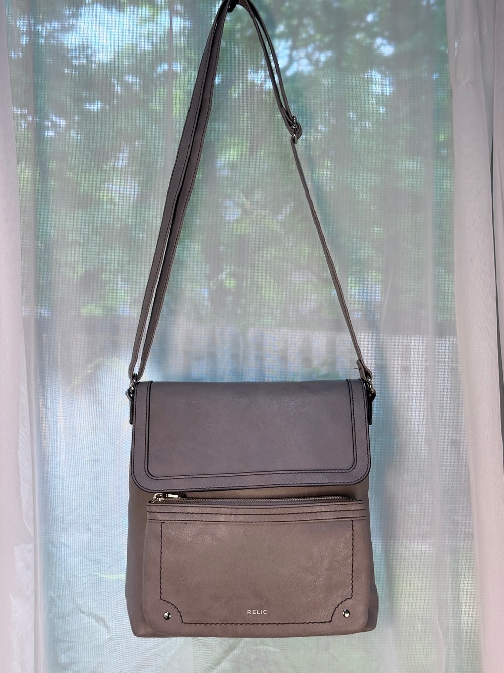 Relic Crossbody Messenger Bag-Gray Faux Leather-Flap Front + Built-in Wallet EUC
